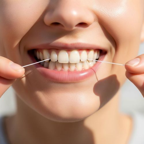 A close-up of hands flossing teeth