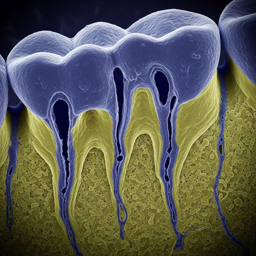 A microscopic illustration showing exposed dentin tubules on a tooth's surface