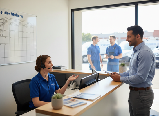 A smiling female receptionist wearing a headset assists a male client holding a tablet at a modern reception desk. Two service technicians are visible outside near vans. Receptionist assists a customer at a service center