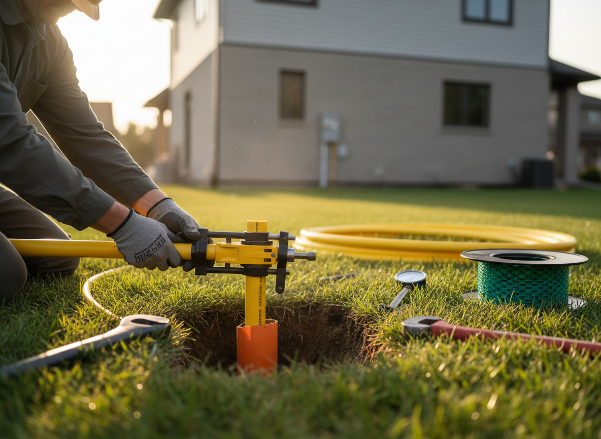 A gloved worker installs a yellow utility pipe into a hole in a green lawn using a specialized tool, with a house in the background at sunset. Utility Pipe Installation in Residential Lawn