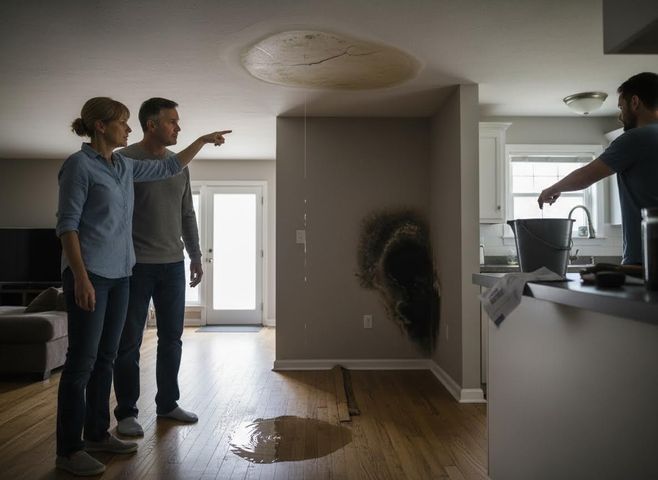 A couple points at a large, actively dripping ceiling water stain. A puddle forms on the floor, mold grows on the wall, and a man places a bucket. Homeowners Assess Severe Ceiling Water Leak and Mold Damage