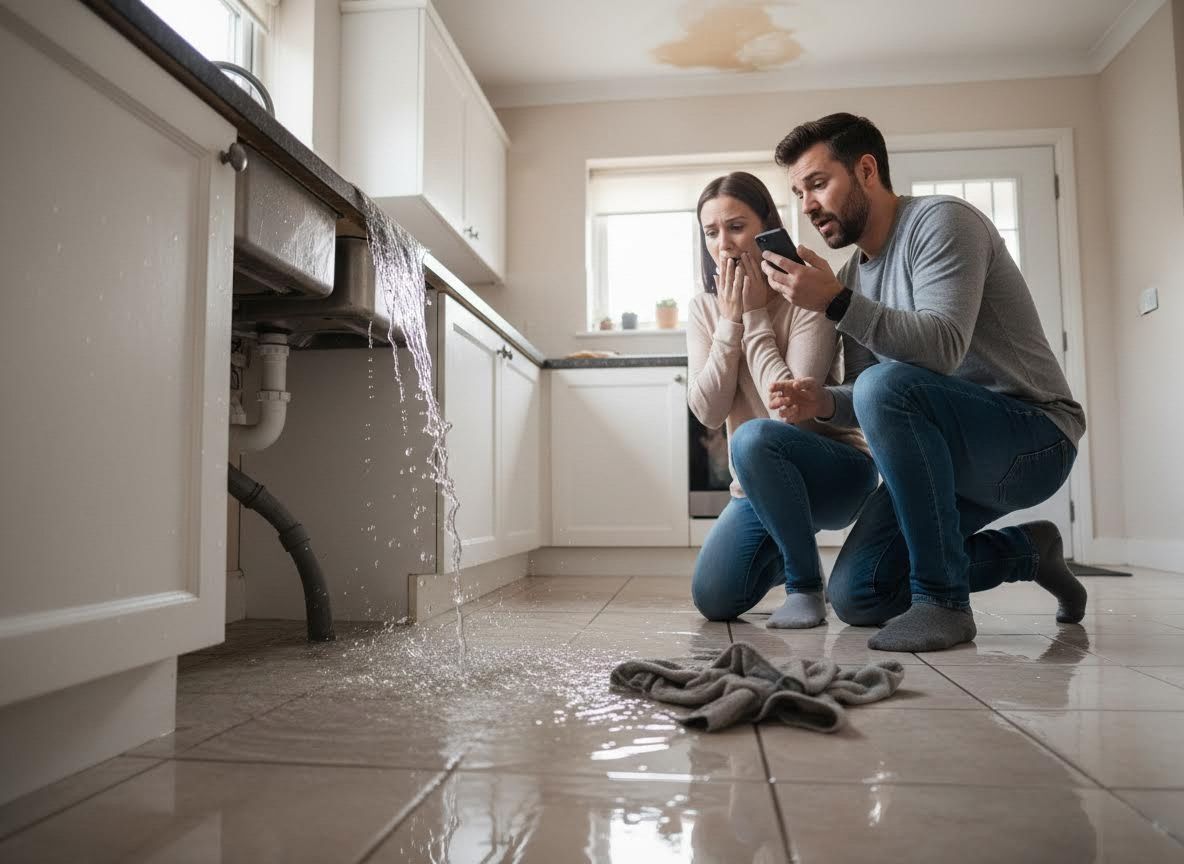 Distressed couple dealing with a major kitchen sink leak and flood