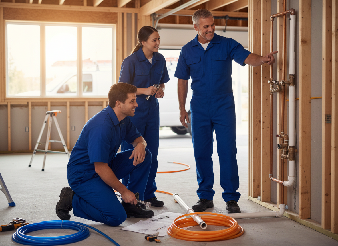 Three plumbers, two men and one woman, in blue overalls, examining copper and PVC pipes and blueprints in a construction area. Three plumbers reviewing piping plans