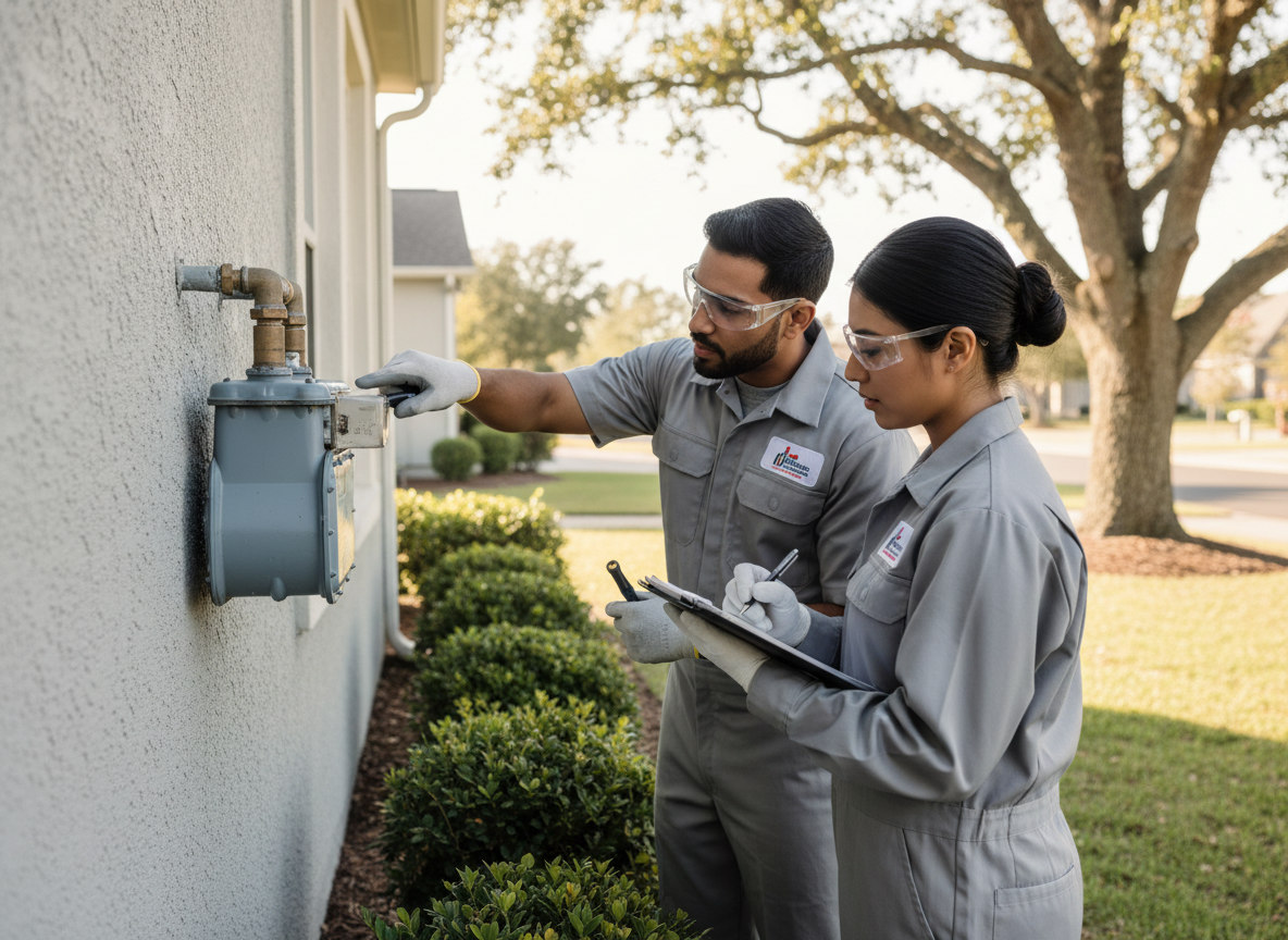 Two utility workers, a man and a woman in gray uniforms and safety glasses, inspect a gas meter on the side of a house. Utility Technicians Inspecting Gas Meter