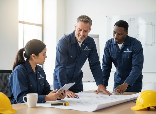 Three engineers, two men and one woman, in blue uniforms, collaborating on blueprints and a tablet at a table with hard hats. Diverse team of engineers reviewing blueprints