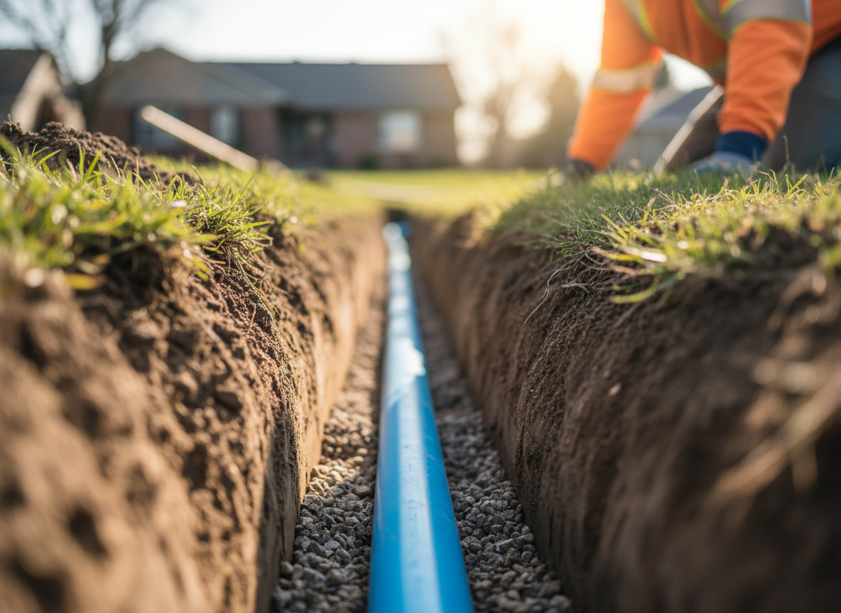 Blue Pipe Installation in a Trench
