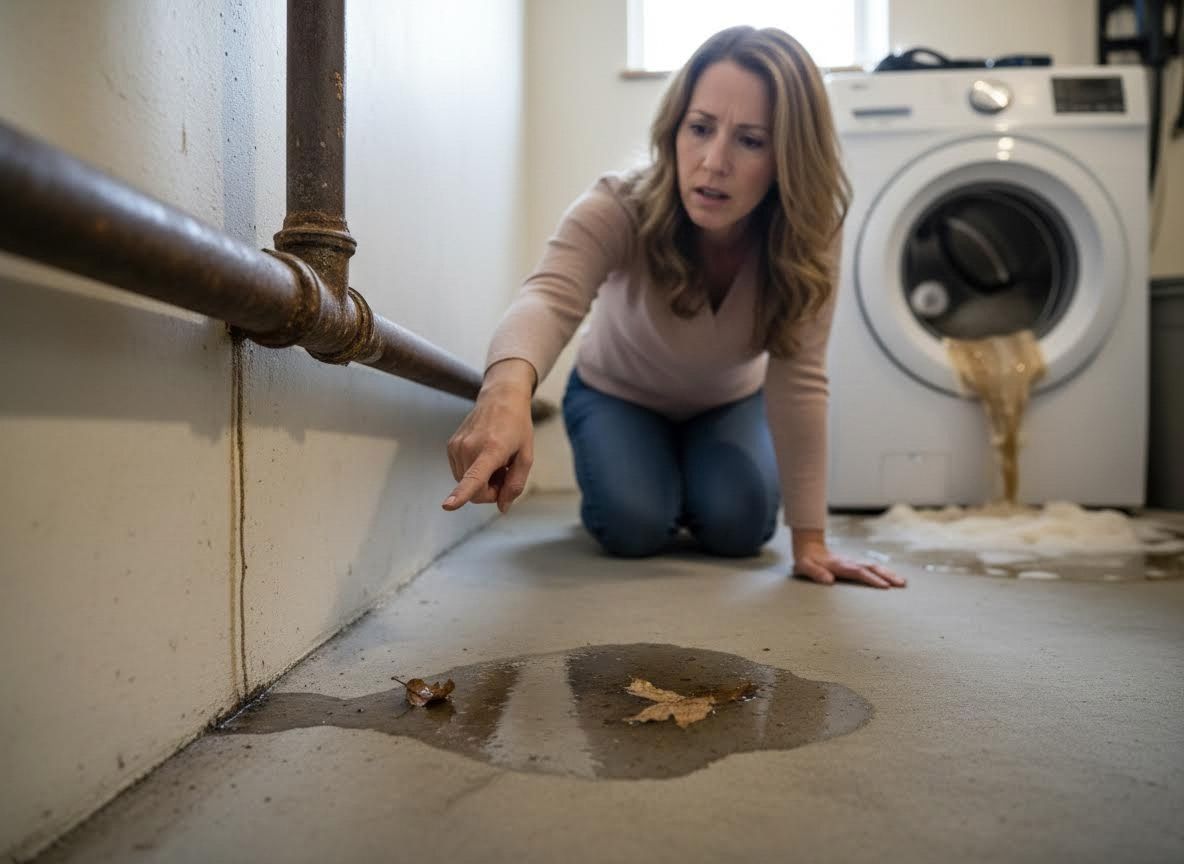 Distressed woman inspecting water damage from overflowing washing machine and leaky pipes