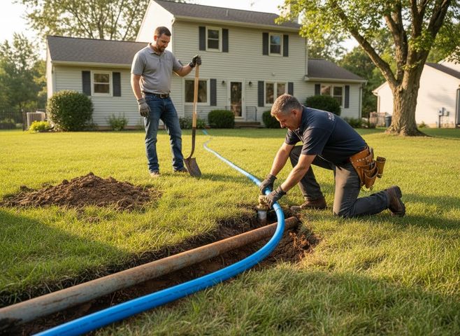 Two men installing a new blue pipe system in a trench in a grassy residential front yard, with a house in the background. Utility workers installing pipes in a residential yard