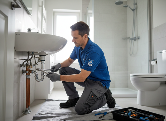 A plumber in a blue shirt and gloves kneels, using a wrench to fix pipes under a white bathroom sink. A toolbox is on the floor. Plumber repairing a sink in a modern bathroom