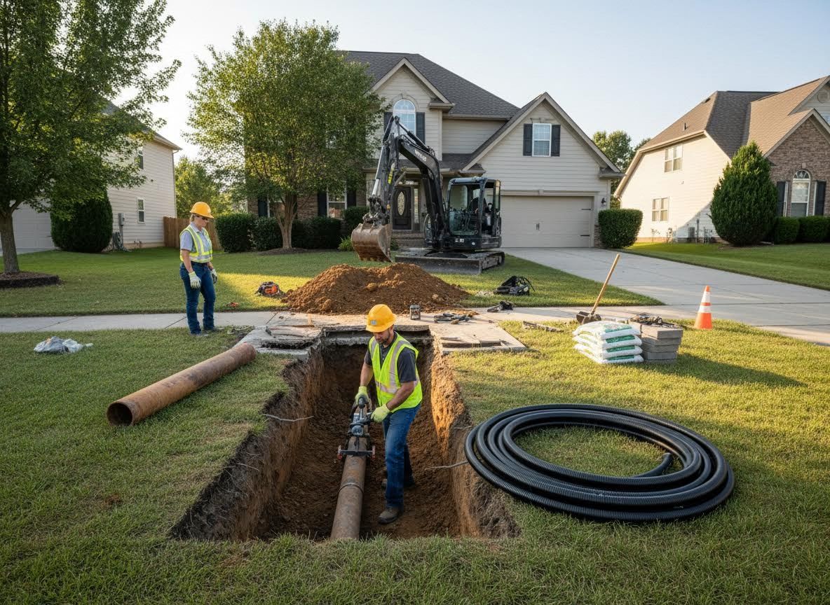 Utility Workers Installing Pipes in Residential Area