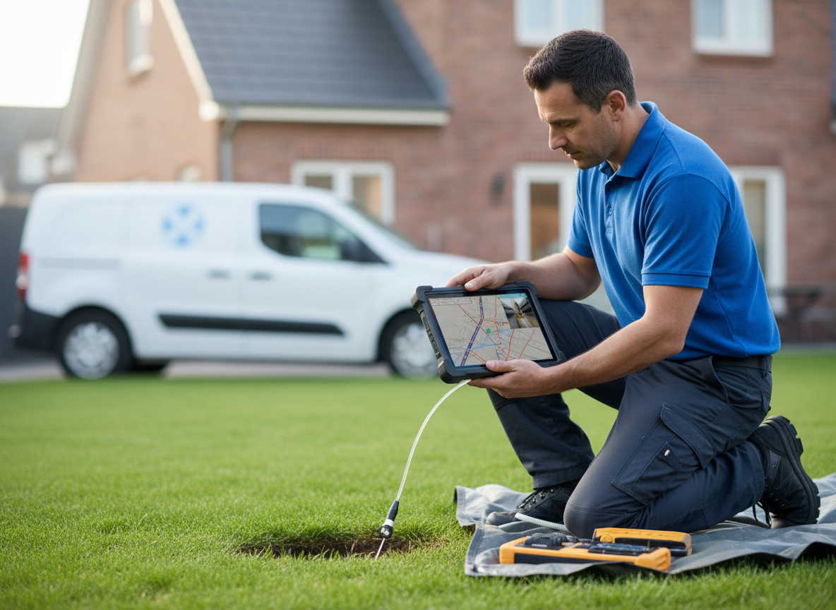 Utility technician performing underground inspection with tablet
