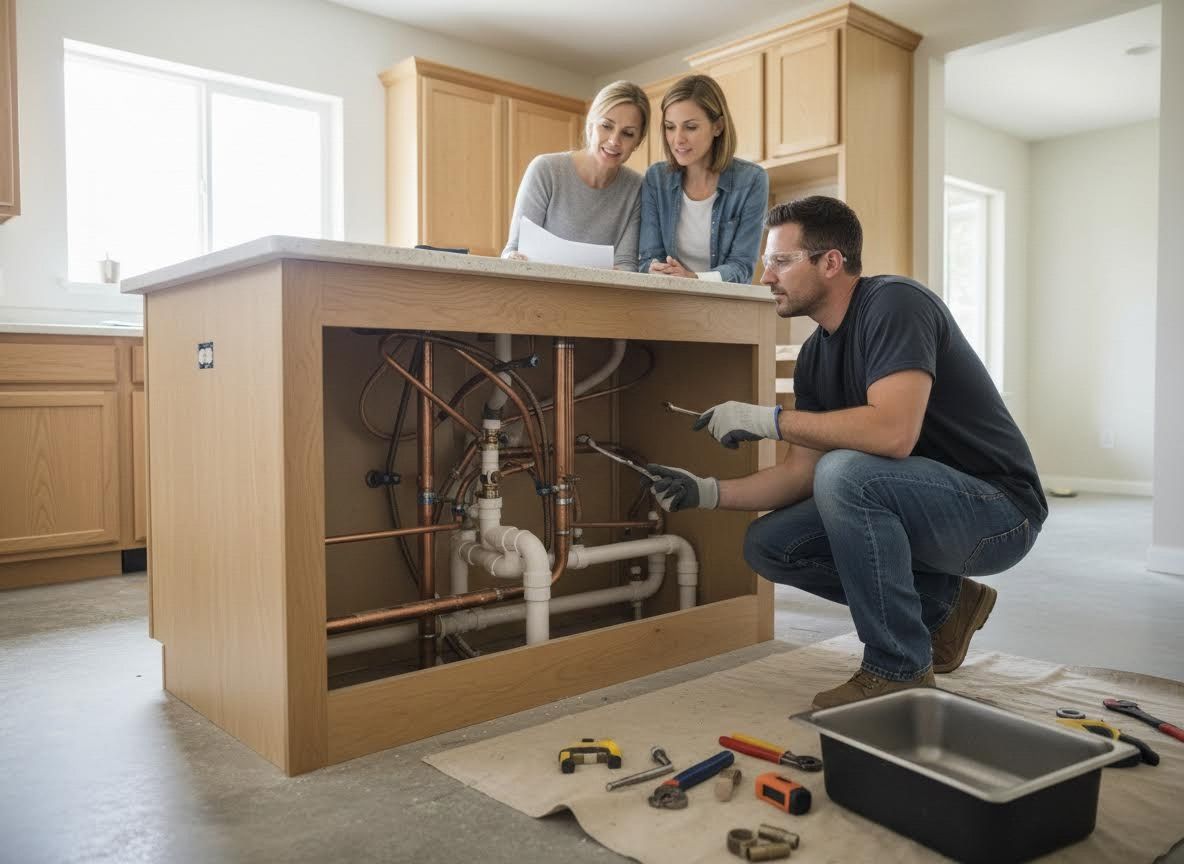 Plumber installs kitchen island plumbing as two women observe