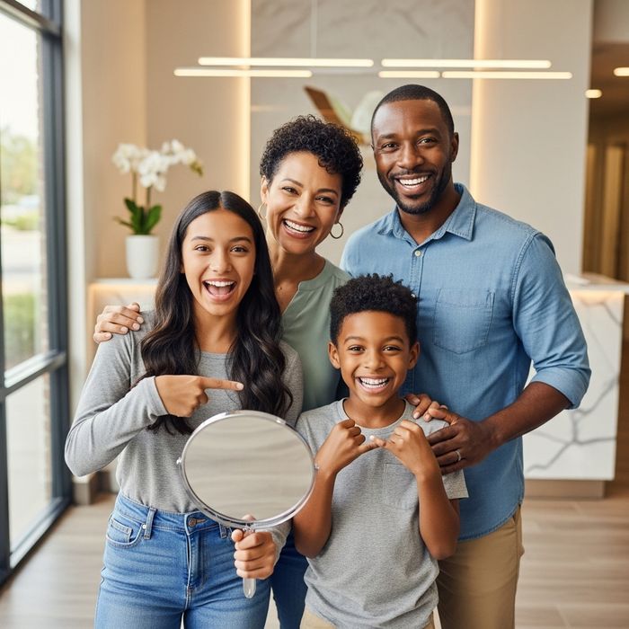 A happy, diverse family smiles together after receiving high-quality orthodontic care.