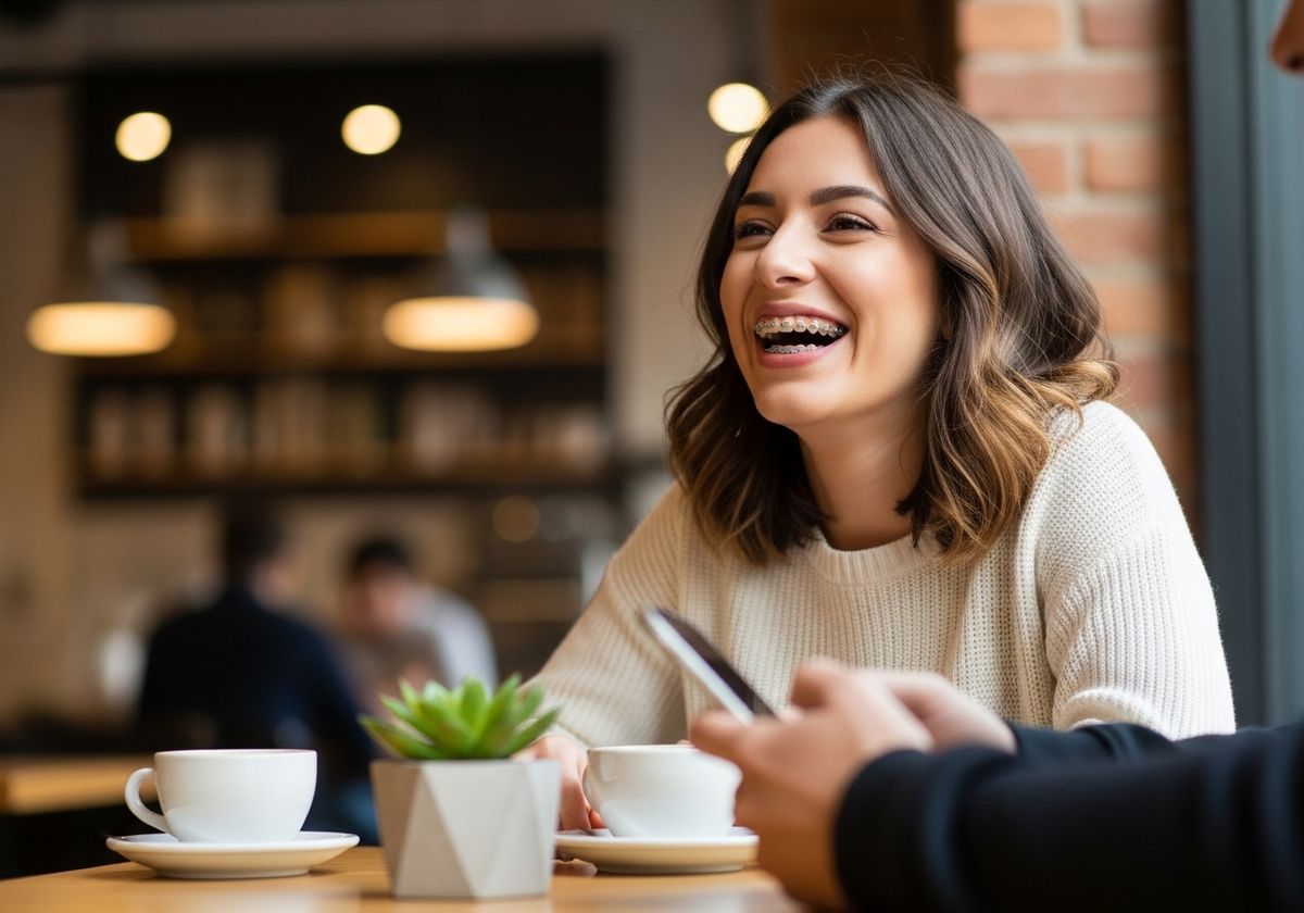 Happy Woman with Braces in Coffee Shop
