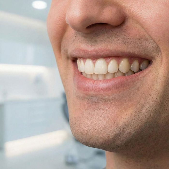 A close-up of a healthy, corrected bite, showing proper tooth alignment.
