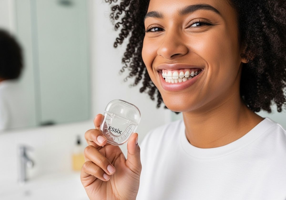 Smiling woman holding ESSIX retainer case