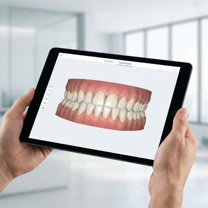 A person holds a tablet displaying a digital 3D simulation of a dental treatment plan.