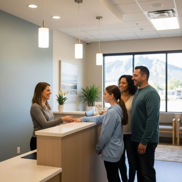 friendly receptionist welcomes a young girl and her parents 