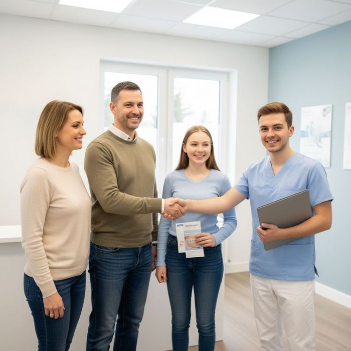 Patient and orthodontist shaking hands in the office hallway.