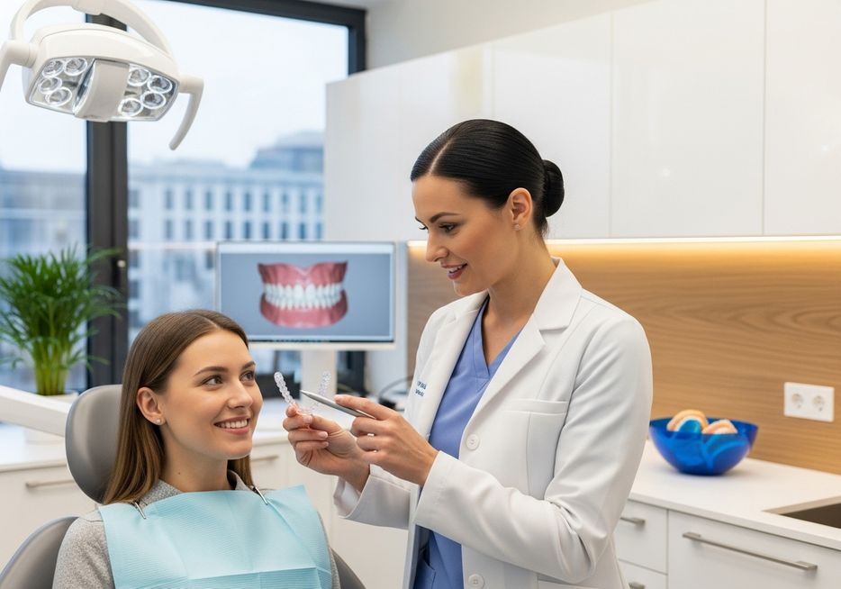 A professional orthodontist in a modern clinic explains clear aligner treatment to a smiling patient.