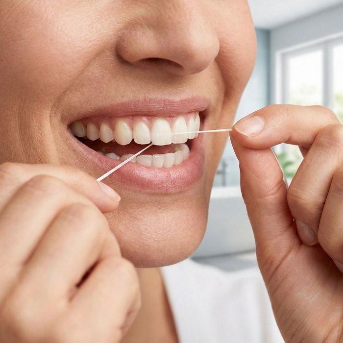 A person with a healthy smile flossing their teeth in a clean bathroom.