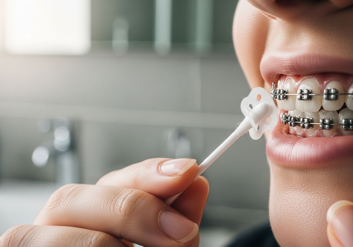 Person using a dental floss pick to clean braces
