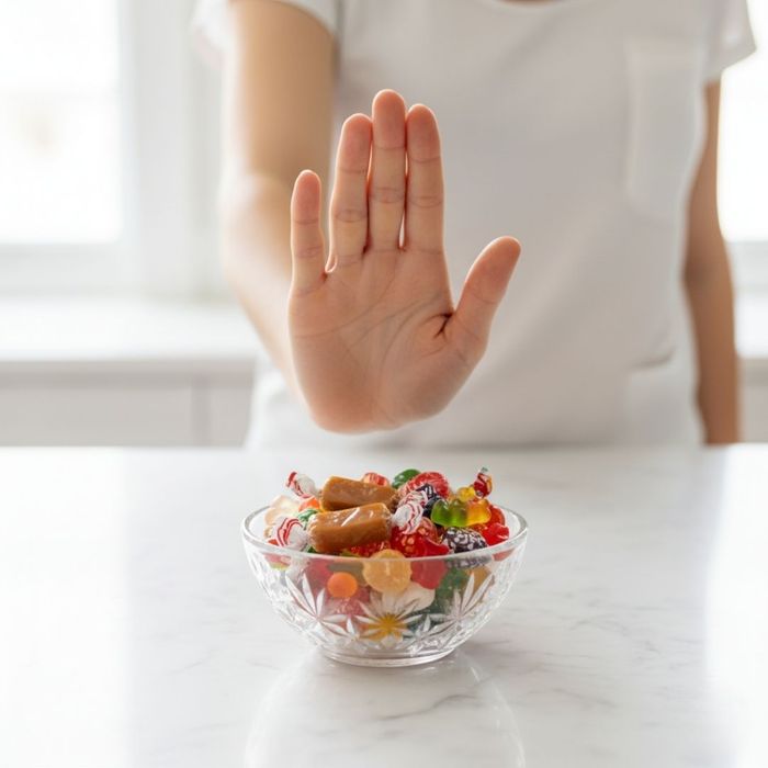 hand making a 'stop' gesture towards a small bowl filled with colorful hard candies and sticky caramels hand making a 'stop' gesture towards a small bowl filled with colorful hard candies and sticky caramels
