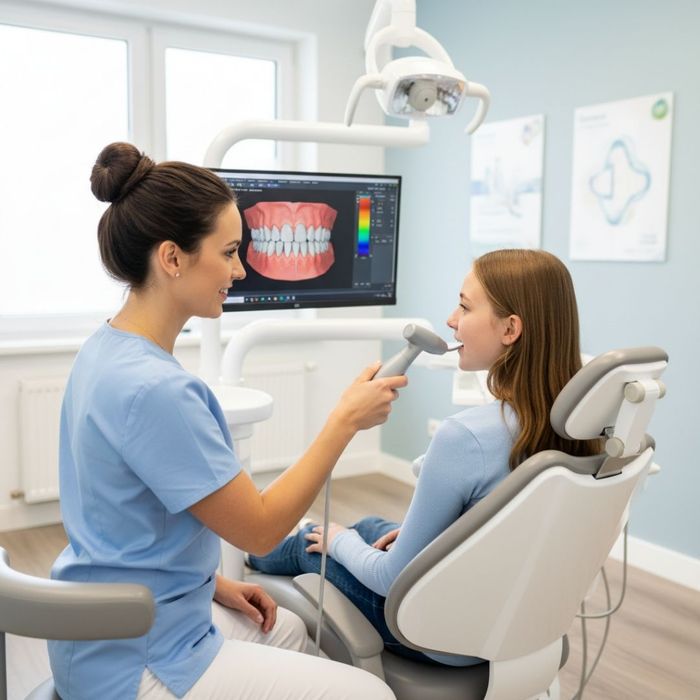 orthodontic assistant uses a handheld digital scanner inside a teenage patient's mouth