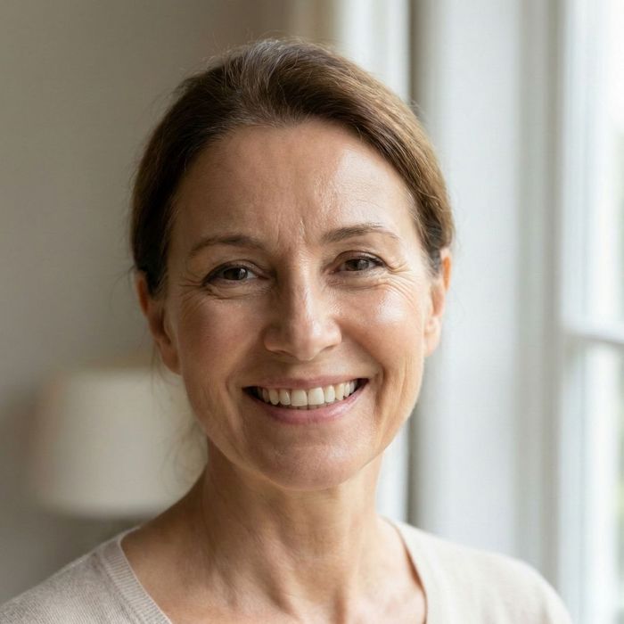 A portrait of a mature adult with a radiant, youthful smile, highlighting the long-term benefits.