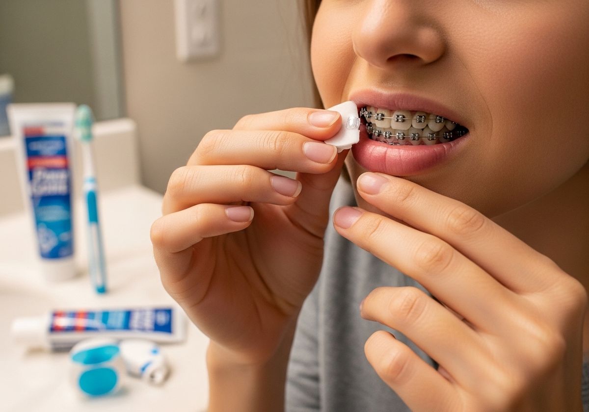 Woman Applying Dental Wax to Braces