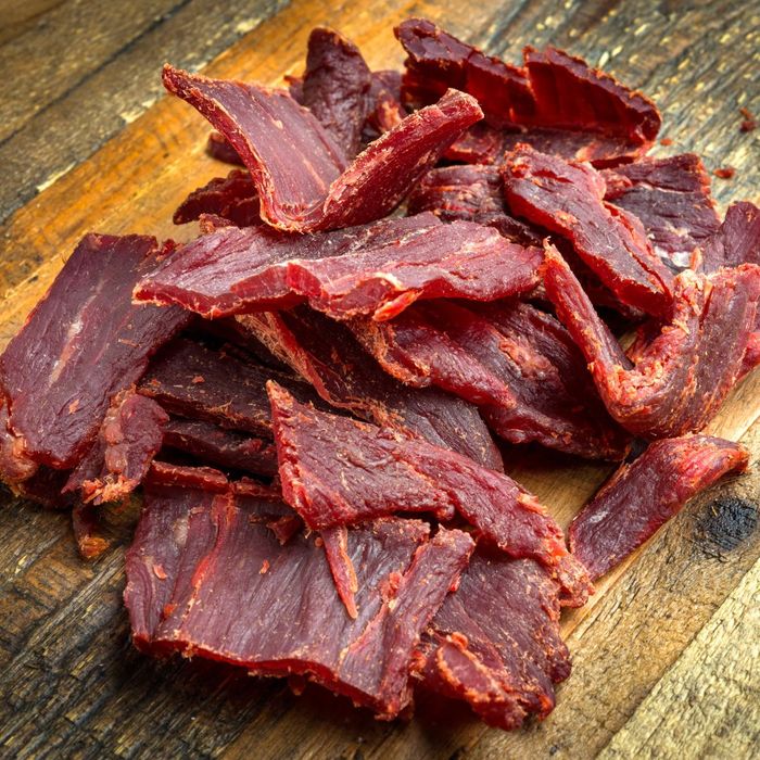 beef jerky on a cutting board