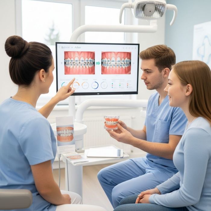 Orthodontist showing a patient a physical model of braces