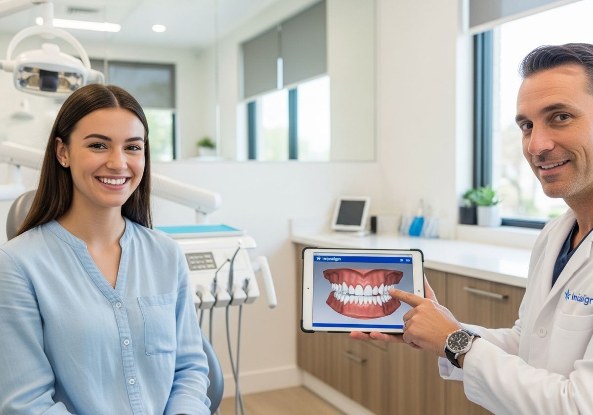 Smiling patient at dentist office with Invisalign consultation