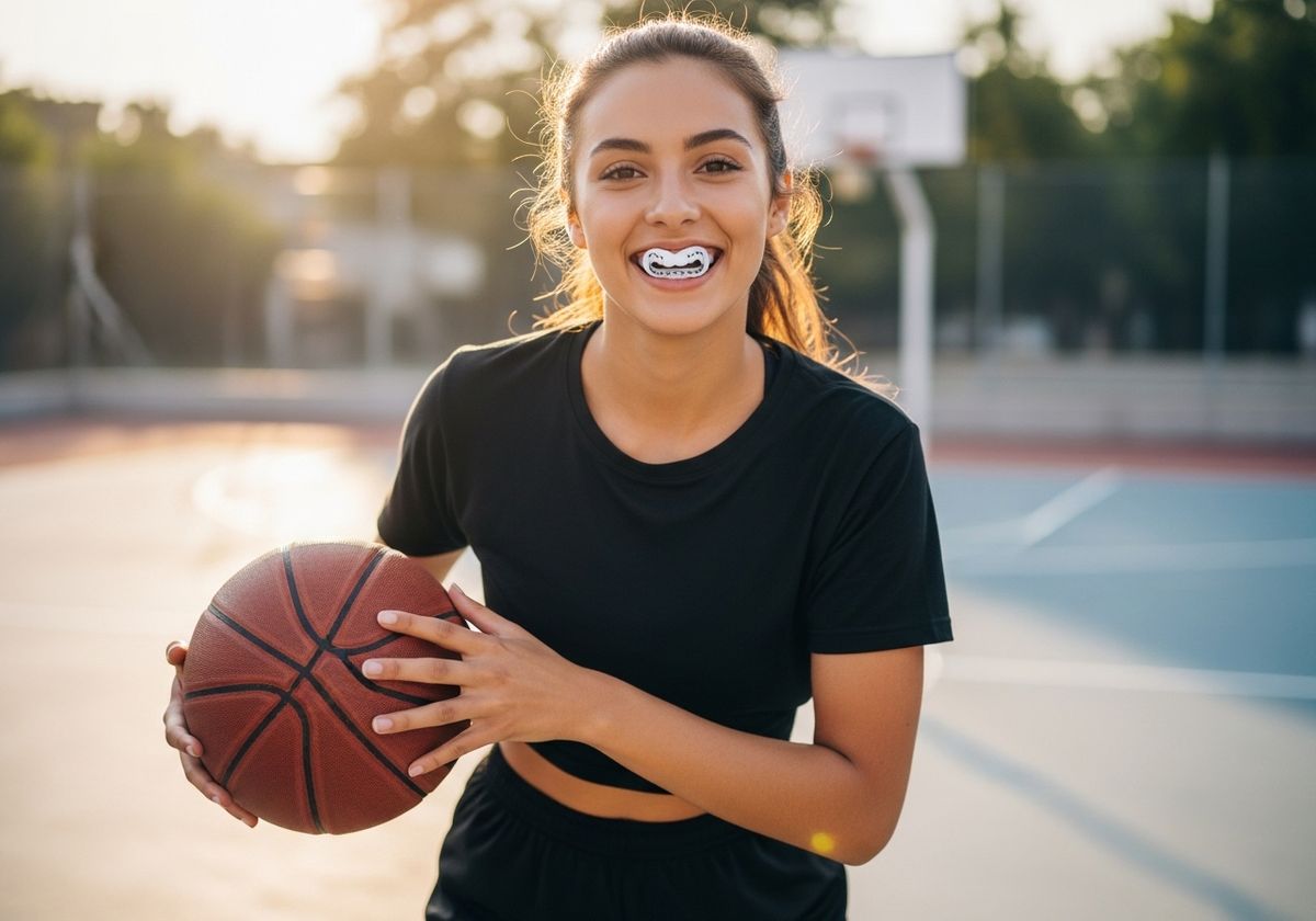 Smiling basketball player with mouthguard holding ball
