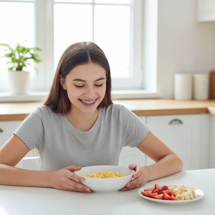 happy teenager with braces at a kitchen table, looking at a plate of soft, brace-friendly foods like scrambled eggs and fruit happy teenager with braces at a kitchen table, looking at a plate of soft, brace-friendly foods like scrambled eggs and fruit