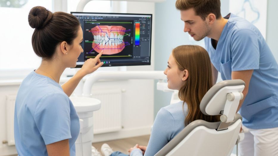 orthodontist points to a digital scan of teeth on a screen while talking with a patient