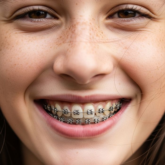 A close-up view of a happy teenager wearing traditional metal orthodontic braces.