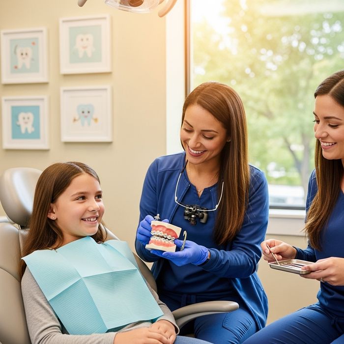 A young patient enjoys a comfortable and friendly orthodontic appointment at a dental office.