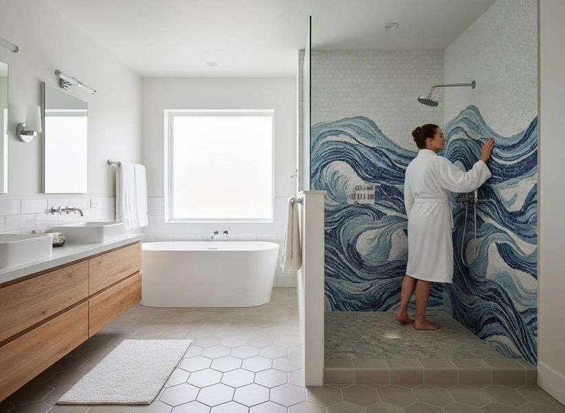 Modern Bathroom with Mosaic Wave Shower