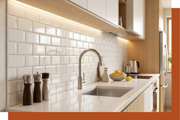 Beautiful ceramic subway tile backsplash freshly installed in a modern kitchen.