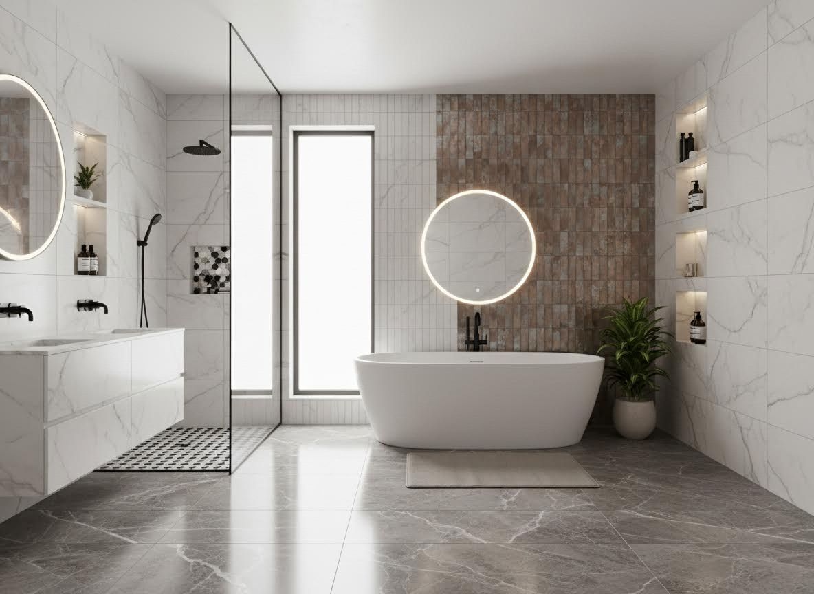 Modern Bathroom with Freestanding Tub, Marble & Accent Wall