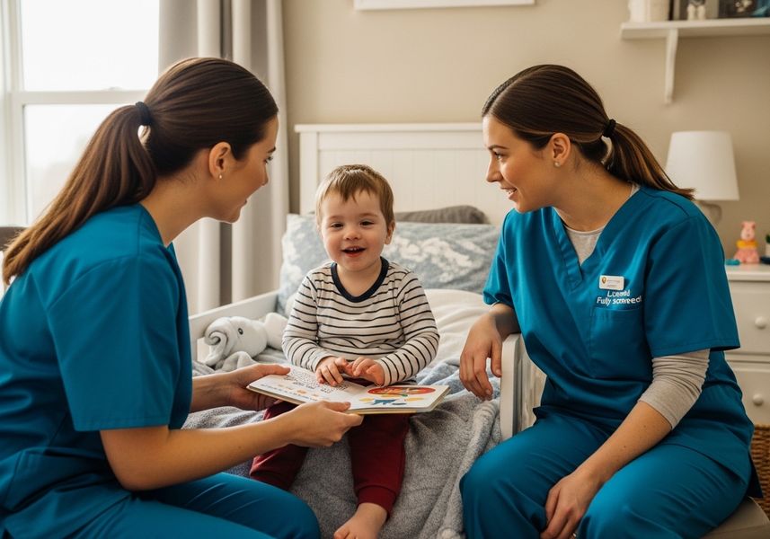 Childcare professionals reading a book to a toddler