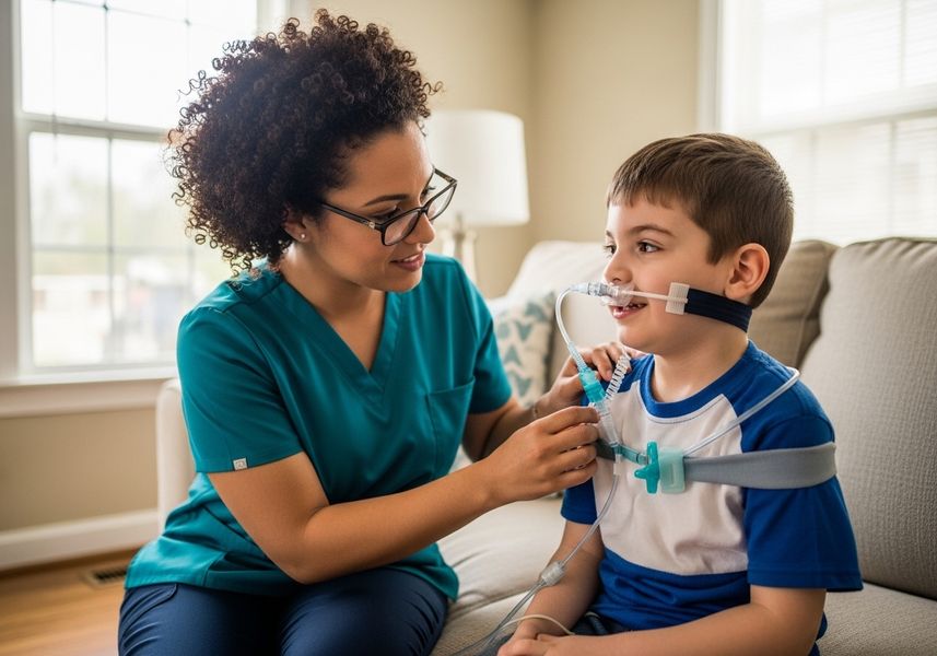 Respiratory Therapist Assisting Young Boy with Ventilator