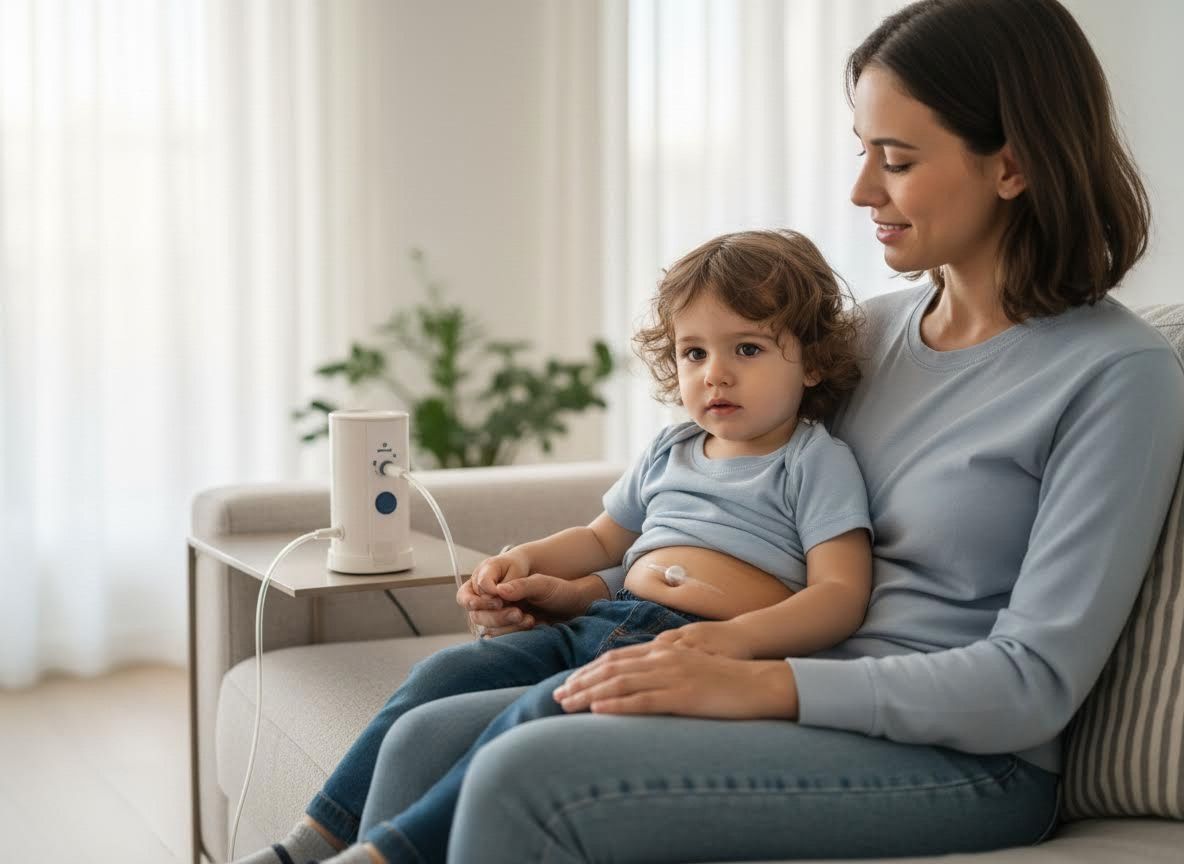 Mother and child with medical device for home care