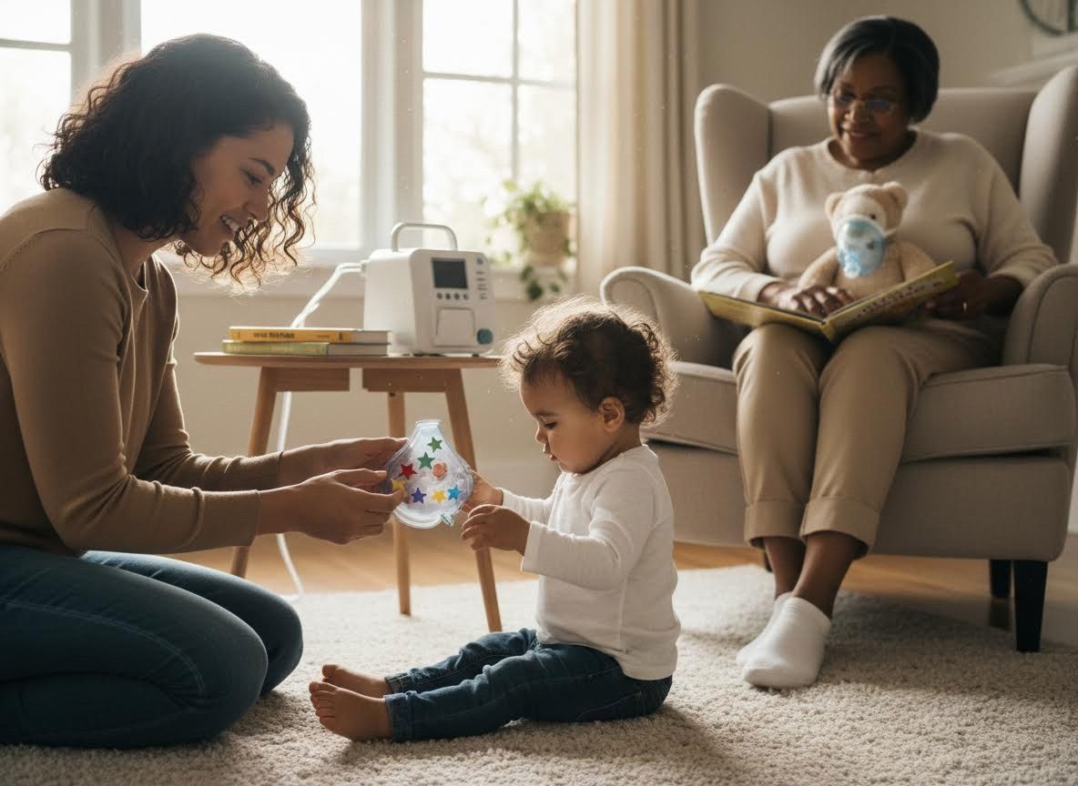 Family making nebulizer treatment playful for a toddler