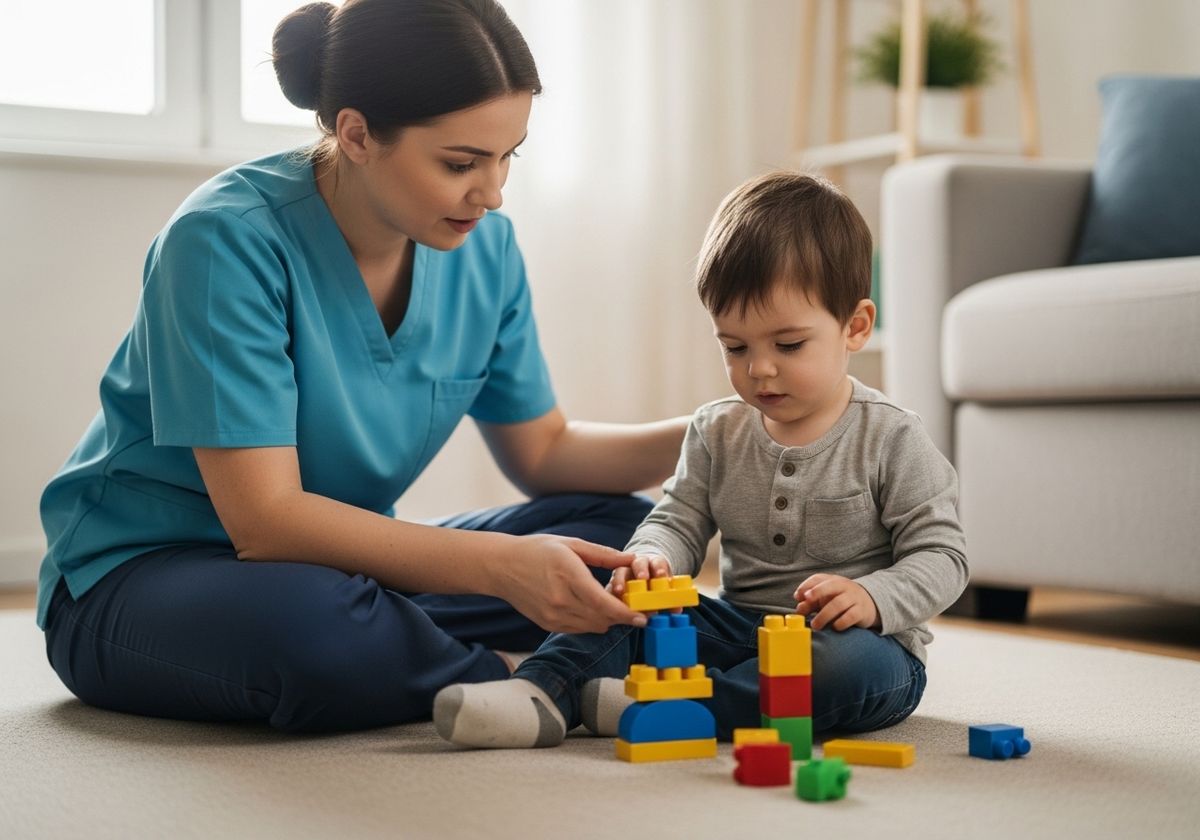 Child playing with building blocks and caretaker