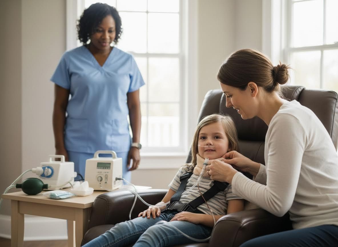Girl receiving medical care at home with mother and nurse
