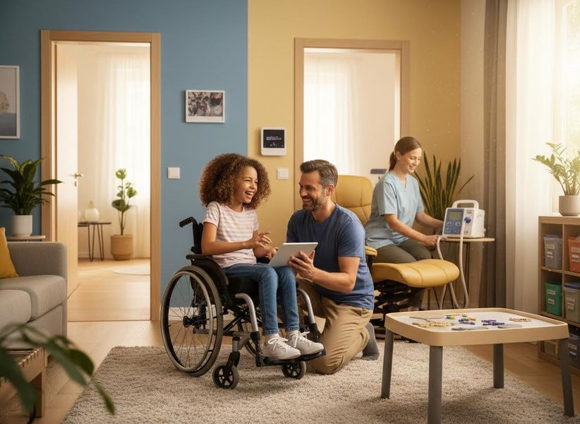 Happy Girl in Wheelchair with Man and Caregiver in Home
