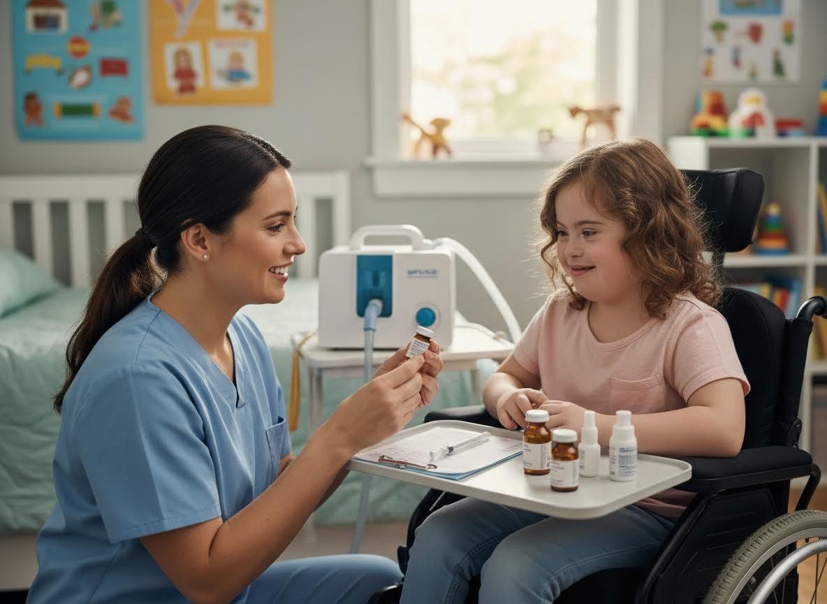 Nurse interacting with a young girl with Down syndrome