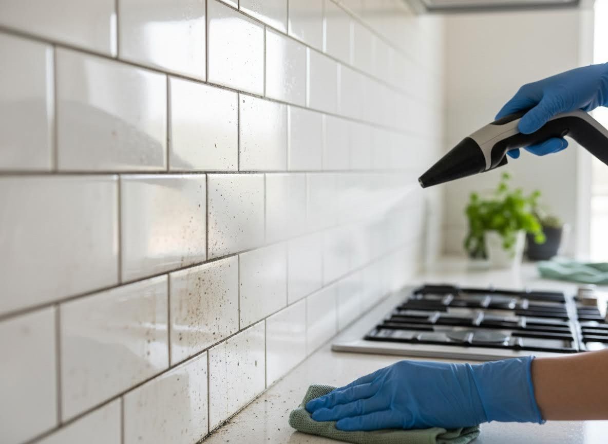 Kitchen cleaning with steam cleaner and cloth